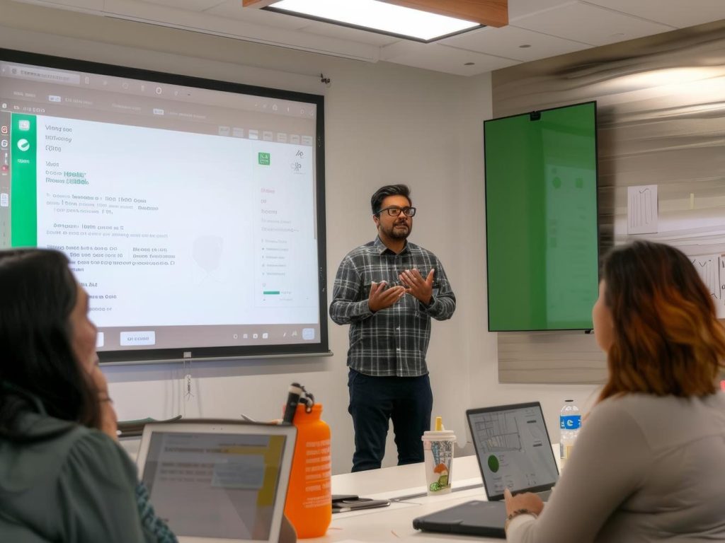 Instructor dicta una capacitación a un grupo de trabajadores en una sala de reuniones