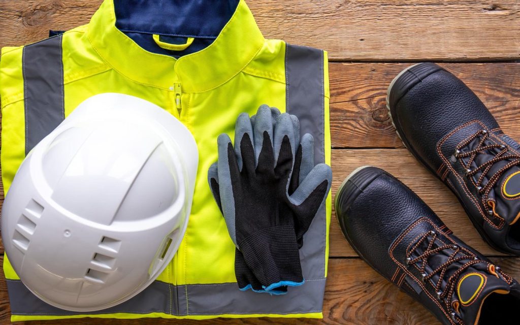 Casco, chaleco reflectivo, guantes y calzado de seguridad ordenados sobre una mesa de madera