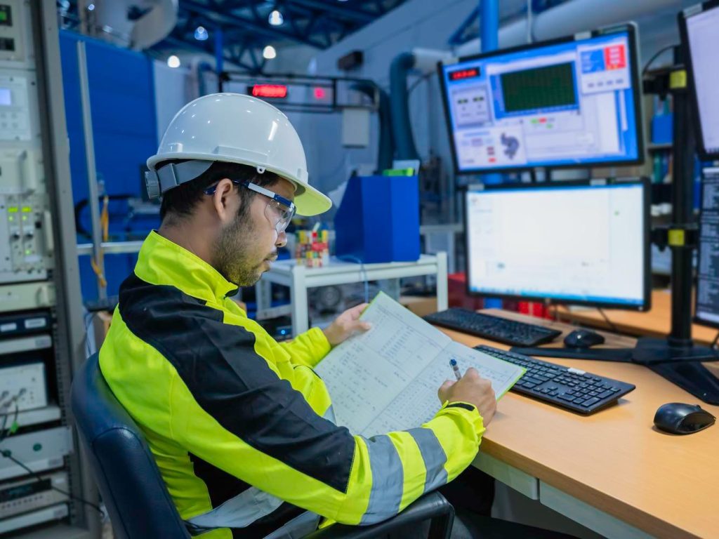 Especialista con casco y chaleco reflectivo registra datos del sistema de gestión en la sala de control