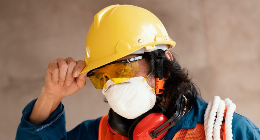 Trabajador con casco, lentes de seguridad, mascarilla y protección auditiva ajusta su equipo de protección personal